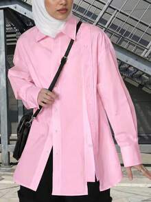Solid Color Front Button Shirt, Casual Long Sleeve Blouse For Women, Suitable For Daily Wear, Spring, Summer, Autumn - Baby Pink - View 3