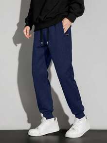 1pc Men's Thick Solid Color Loose Sweatpants With Pockets And Drawstring, Suitable For Fitness, Sports And Outdoor Activities, Autumn/Winter - Navy Blue - View 5