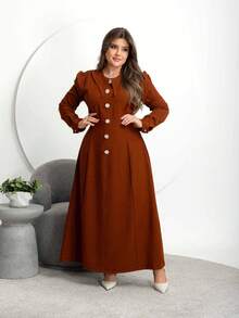 Vestido Anturio  Casual  Conservador / modesto    Tecido    Botão  Bolso    Vestido Midi Feminino  Formal e Noturno    Outono/Inverno  Slim ao Plus  Moda Modesta  Alfaiataria  Manga Longa - Marrom Claro - Visão 6