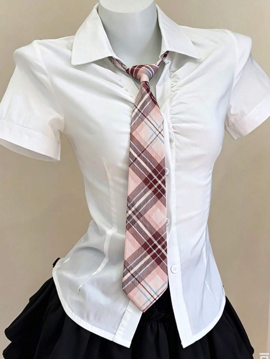 可調節式制服領帶，復古條紋結領帶，適用於男孩與女孩的校服領帶，西裝襯衫領帶，適合學校活動、Cosplay配件、萬聖節 - 粉色 - 查看 1