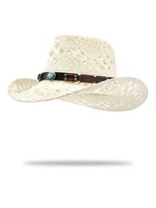 1 pieza Sombrero de paja de vaquero occidental blanco crema con ganchillo hueco, decoración de hebilla de cuero turquesa bohemio, ala ancha tejida transpirable y llamativa para protección solar, estilo vintage de vacaciones que favorece el rostro, adecuado para salidas a la playa y festivales de música - sombrero de paja - Ver 16