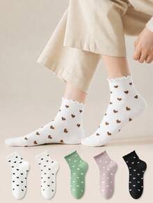 ZUJO 4 Pairs Women's Short Socks, Heart Pattern Wavy Edge, Simple & Comfortable, Suitable For All Seasons - Multicolor - View 4