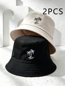 2 piezas Sombreros de cubo estilo Y2K unisex con bordado de árbol de coco, sombreros de protección solar para exteriores adecuados para deportes al aire libre, protección solar y uso diario - Beige + Negro - Ver 4