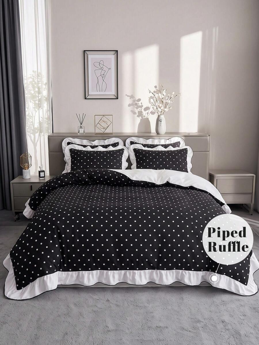 2/3pcs Piped Ruffled Duvet Cover Set, Dorm Bedding, Black Dots Bedding Set, Cozy Room Decor, Skin-Friendly & Breathable, Supersoft& Anti-Pilling, No Insert, Fits Twin Full King Queen, All Seasons, Machine Washable, Back To School