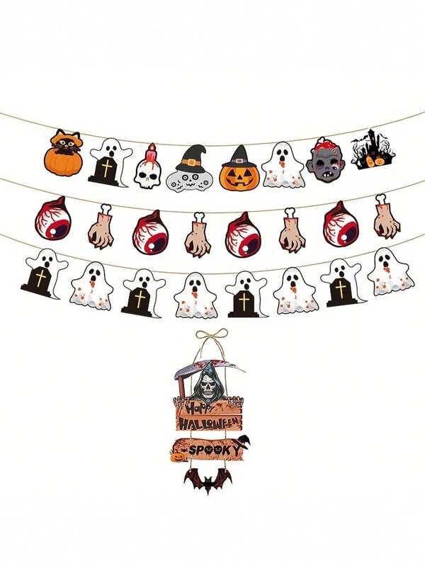 Halloween Decor Set 3Pcs Skull Pumpkin Pennant Banner + 1Pc Skull Door Hanging Sign, Spooky Irregular Bunting Flag, Hanging Garland Flag Ornaments For Home Indoor Wall, Halloween Party Supplies, Haunted House Photo Booth Props