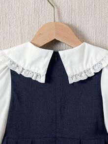 Galaxy Graffiti 4-7 Years Old Girls Dress, Spring/Autumn New Peter Pan Collar Bow Letter Embroidery Long Sleeve Dress, Campus Daily Wear/ - Navy Blue - View 9