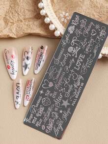 Love Word 愛心美甲印花鋼板，不鏽鋼長方形美甲模板，含草寫 Love 金句、嘴唇、玫瑰、星星、骷髏、草莓圖案，浪漫情人節美甲模板，美甲師美甲用品 - 銀色 - 查看 7