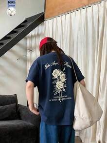 女款圓領寬鬆百搭簡約字母與玫瑰花圖案短袖T恤，春/夏休閒款 - 藏蓝色 - 查看 4