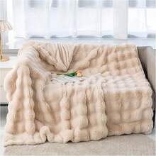EDIMENS Faux Rabbit Fur Throw Blanket For Sofa, Reversible, Soft And Fluffy, Thick And Warm Plush Blanket For Sofa, Bed And Armchair, Decoration - 淺棕色 - 查看 1