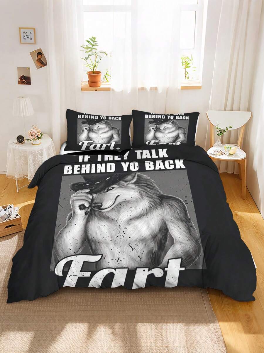 2/3pcs Meme "If They Talk Behind Your Back" Farting Humorous Quirky Detail Bedding Set, Humorous Western Wolf Cowboy Duvet Cover Set, Suitable For Bedroom, Dorm - Multicolor - View 1