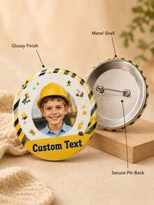 1pc Personalized Round Photo Pin Badge With Custom Name, Construction Truck Theme, Custom Picture Button Brooch For Backpack, Jacket, School Bag, Birt - Multicolor - View 6