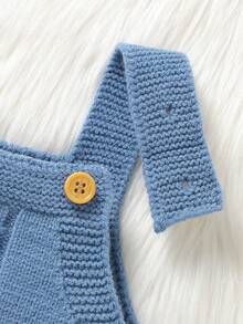 Baby Sweater Romper, Foggy Blue Cable Knit Suspender Crawler, Single Piece Solid Color Cable Knit Suspender Jumpsuit, Infant Vintage Romper - Blue - View 9