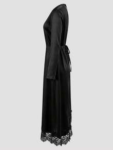 Elegant Black Round Neck Long Sleeve Slim Fit Mid-Length Dress With Asymmetrical Contrast Color Lace Hem - Black - View 8