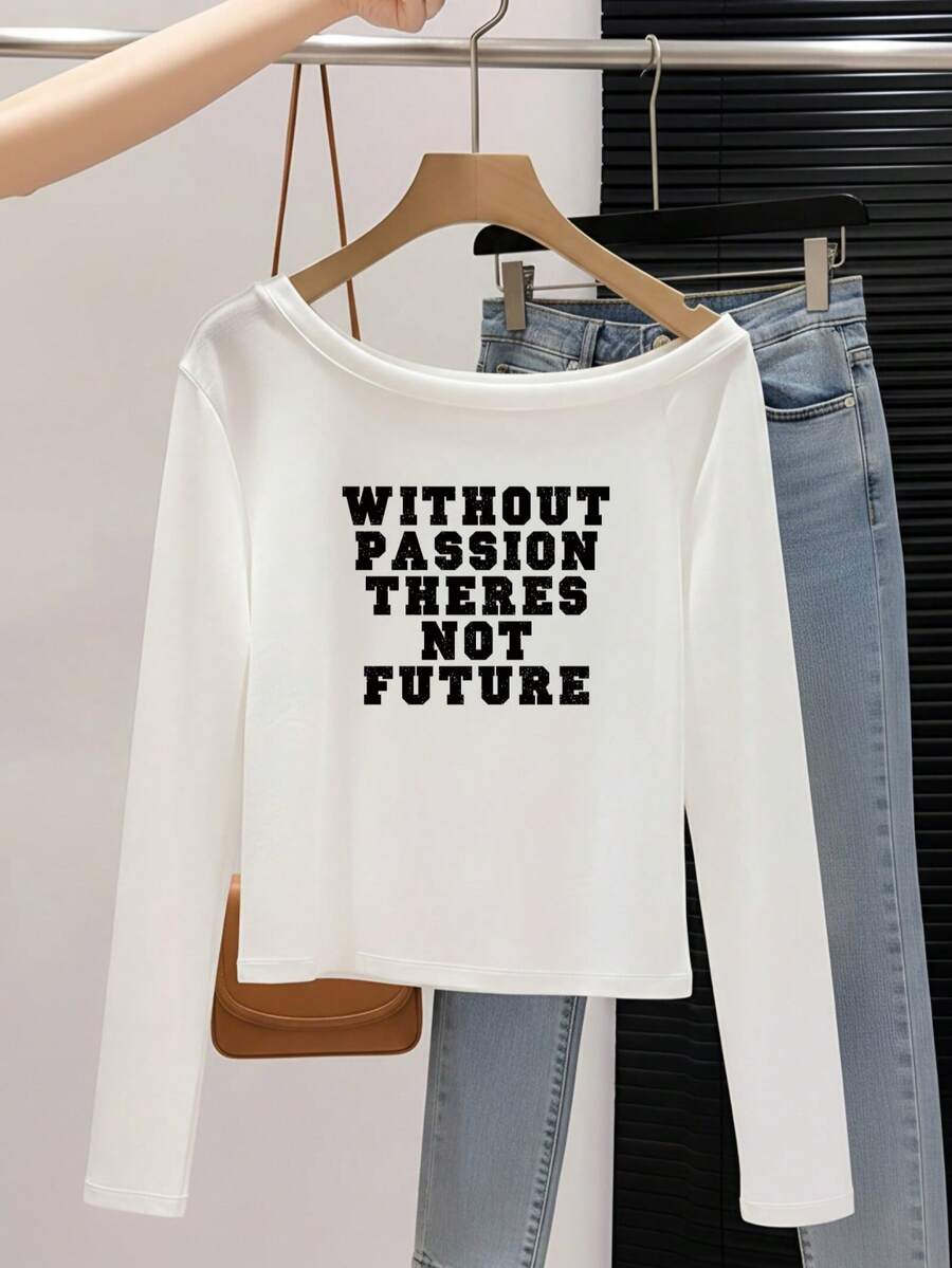 White Cold Shoulder Vintage Distressed English Quote Print Long Sleeve T-Shirt Women Spring Autumn Short Slim Fit Shoulder-Baring Versatile Slimming Base Layer Top - White - View 1
