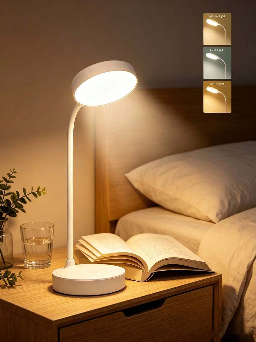 1pc White LED Round Base Button Desk Lamp, Eye-Protection Reading Light, LED Table Lamp, Desk Lamp, Rechargeable/Plug-In Optional, 3 Color Temperatures, Suitable For Dorm, Bedroom, Home, Night Light, Lampshade, Book Light, Bedroom Lighting, Table Lamp, Reading Light, Reading, Office Desk Supplies, Bedroom Lighting, Wireless Lamp, Bedroom Lamp, Lighting, Lamp, Light, Rechargeable Model Battery Capacity: 800mAh