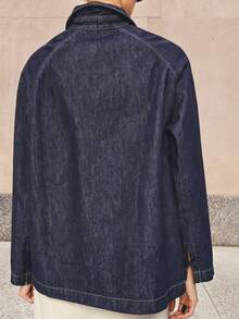 Women's Casual Vintage New Chinese Style Frog Button Long Sleeve Loose Fit Denim-Like Jacket With Pockets, Solid Color, Suitable For Commuting, Daily Wear And Dating - Dark Blue - View 3