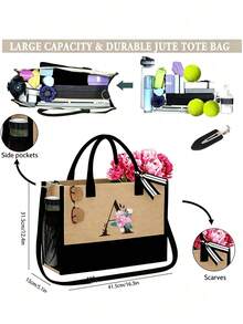 Women's Beach Tote Bag With Shoulder Strap, Pink Peony Flower A-Z Letter Print Tote Bag, Comes With Shoulder Strap And Makeup Bag; Vacation Beach Commute Shopping Bag, Gift Bag With Side Pockets, Large Capacity Handbag, Can Hold Books, Cosmetics, Parasol, Suitable For Daily Commute, Travel, Picnic, Camping, Students, Large Capacity Laptop Tote Bag, Student Commute Canvas Bag, Back To School Gift, Teacher's Day Gift - Multicolor - View 11