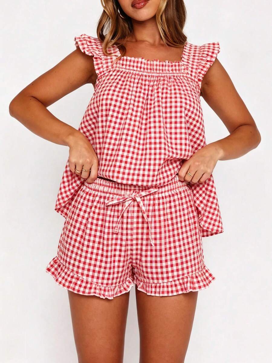 Women Summer Pajama Set Solid Flying Sleeve Tank Tops And Ruffle Shorts 2 Piece Casual Lounge Outfit