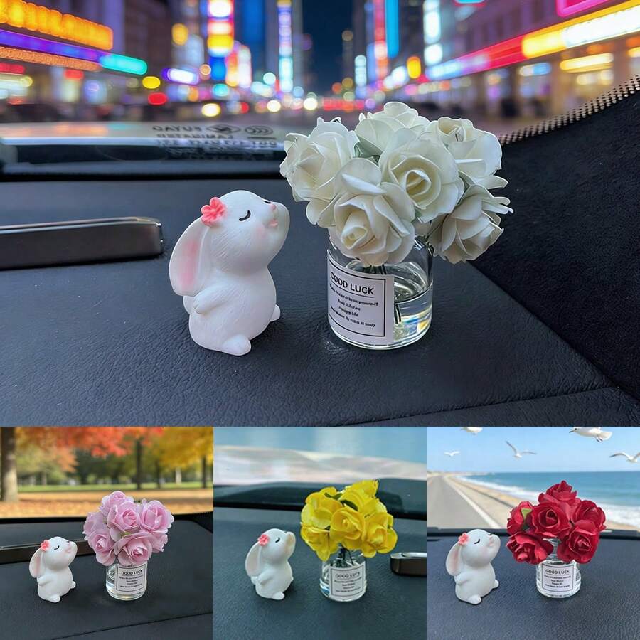 2件裝花朵+兔子汽車飾品創意香氛花兔車用中控台迷你玫瑰小擺件車內裝飾 - A - 查看 1