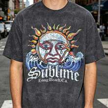 Unisex Vintage Sublime Long Beach Sun Charcoal Acid Wash Graphic Tee - Black - View 1