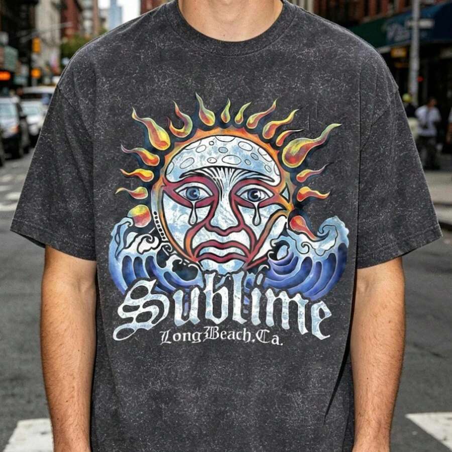 Unisex Vintage Sublime Long Beach Sun Charcoal Acid Wash Graphic Tee - Black - View 1