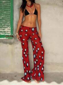 Elegant Women's Long Red Leopard Spot Flare Leg Sheer Pants, Polyester With Medium Stretch For A Chic And Comfortable Style - Red - View 1