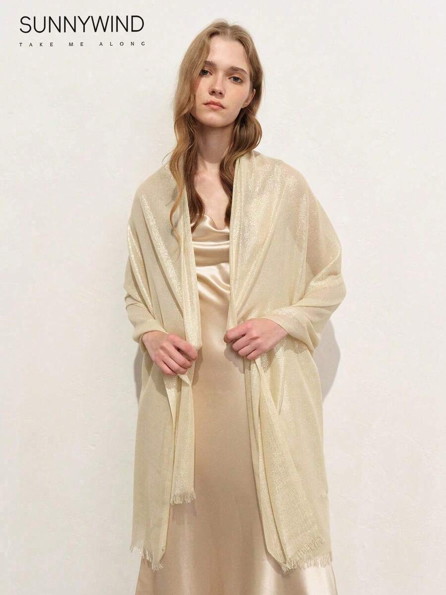 1件女款純色聚酯纖維優雅金線圍巾,適合派對 - 香檳色 - 查看 1