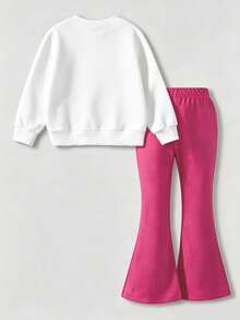 Tween Girl Heart Print Crew Neck Sweatshirt And Flare Pants - Pink - View 3