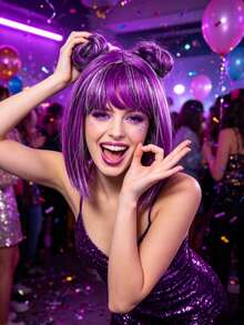 Neon Green Purple Silver Space Bun Wig, Smooth Straight Hair With Bangs, Breathable Adjustable Cap, Suitable For Colorful Party, Nightclub Photo Shoot, Cute Women's Styling Set - Multicolor - View 4