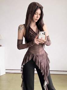 Top Dazzle Fashion Women's Hooded Knit Top, Asymmetrical Hem, Contrast Mesh Sleeves, Perfect For Creating A Look - Brown - View 3