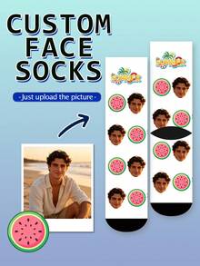 1 Pair Custom Face Print Socks, Summer Watermelon Pattern Mid Calf Socks, Personalized Funny Photo Socks, Unisex Casual Holiday Gift Socks - Multicolor - View 9