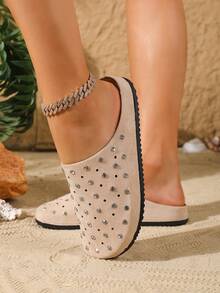 HGUIGJ Sandal Selop Wanita Berhiaskan Rhinestone dan Dekorasi Berongga, Bahan Suede Imitasi, Sandal Selop Sehari-hari untuk Liburan, Belanja, dan Perjalanan Sepanjang Musim - Aprikot - View 2
