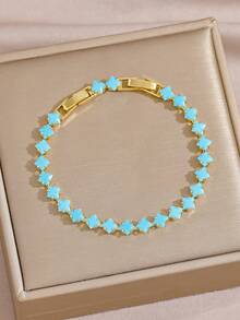 1pc Copper Zirconia Decorated Classic Tennis Chain Bracelet, Multi-Size Turquoise Inlaid Design Bracelet, Minimalist Versatile Style, Suitable For Women's Daily, Bar, Travel And Other Occasions - Gold - View 4
