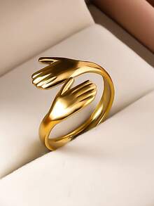 RAYQUEEN 1pc Stainless Steel Personalized Palm Hug Open Ring, Gold/Silver Finger Jewelry For Women, Suitable For Daily Wear - Palm Type - View 9