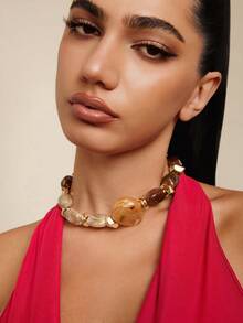 Altistry 1pc Fashionable Vintage Exaggerated Bohemian Style Thick Brown Acrylic Beaded Necklace For Women - Multicolor a - View 3