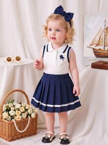 2pcs Baby Girl Fashion Preppy Style Outfit, Polo Collar Color Block Tank Top And Elastic Waist Pleated Skirt Set, Comfortable Wear - Blue and White - View 11