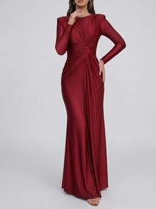 Sedessea Pink Long Sleeve Pleated Long Dress, Autumn/Winter Spring Elegant Red - Red - View 1
