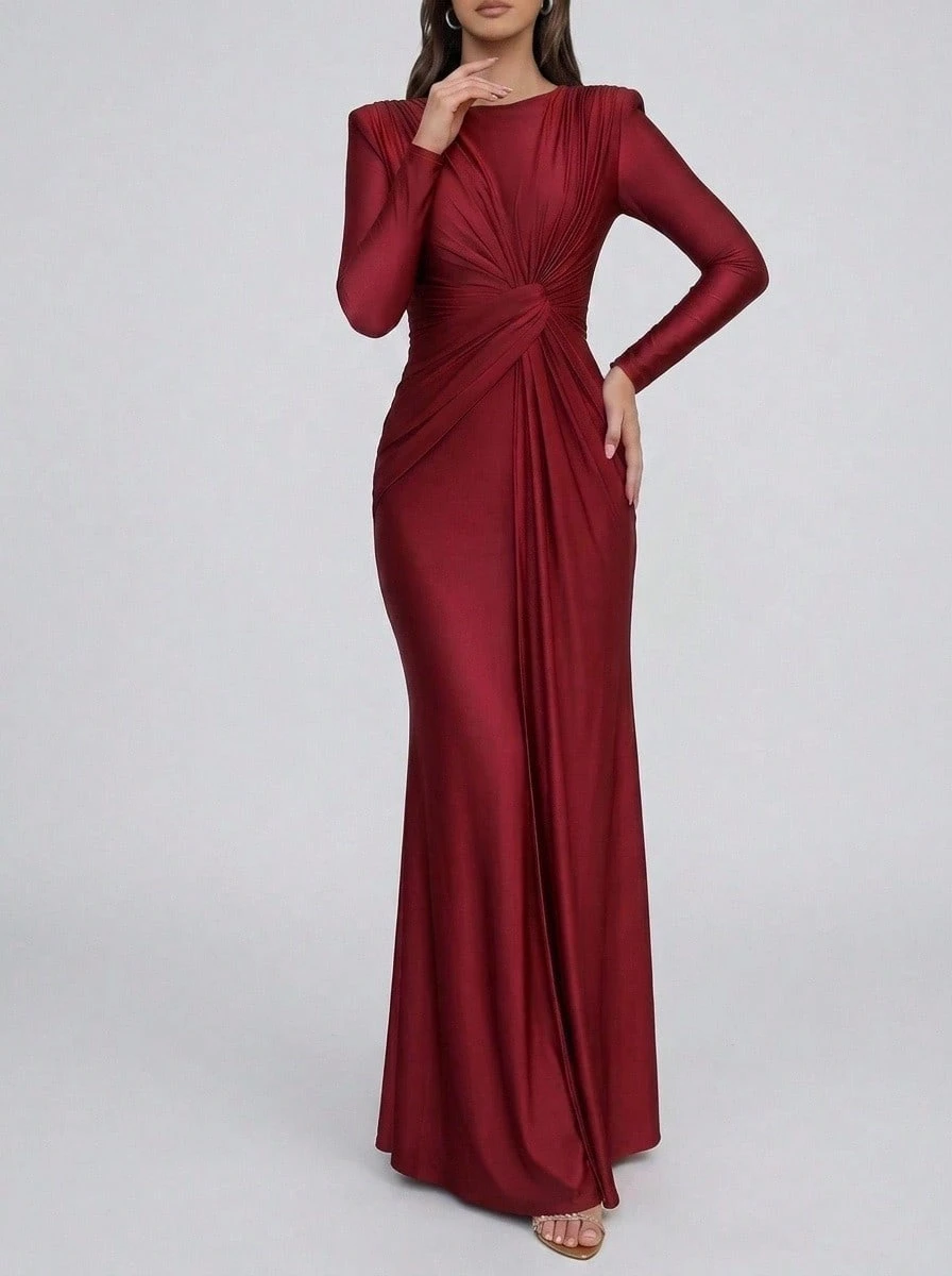 Sedessea Pink Long Sleeve Pleated Long Dress, Autumn/Winter Spring Elegant Red - Red - View 1