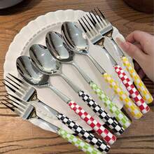 2/12pcs Unique Plaid Pattern Stainless Steel Cutlery Set, Elegant Porcelain, Multiple Colors, Includes Ceramic Handle Utensils, Creative Kitchen, Includes Forks And Spoons, Suitable For Daily Dining - Multicolor - View 2