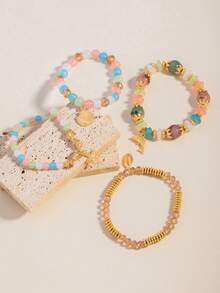 4pcs Ocean Style Cartoon Faux Shell Beaded Bracelets, Bohemian Woven Dolphin & Starfish Faux Shell Bracelets - Multicolor - View 4