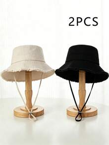 2pcs Unisex Y2K Style Frayed Edge Bucket Hat, Outdoor Sun Protection Hat Suitable For Outdoor Sports, Sunshade And Daily Commute - Beige + Black - View 3