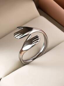 RAYQUEEN 1pc Stainless Steel Personalized Palm Hug Open Ring, Gold/Silver Finger Jewelry For Women, Suitable For Daily Wear - Palm Type - View 5