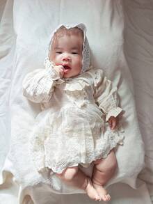 春秋季新款女童服装，女婴蕾丝网纱连衣裙，可爱百搭公主连体衣 - 米色 - 查看 3