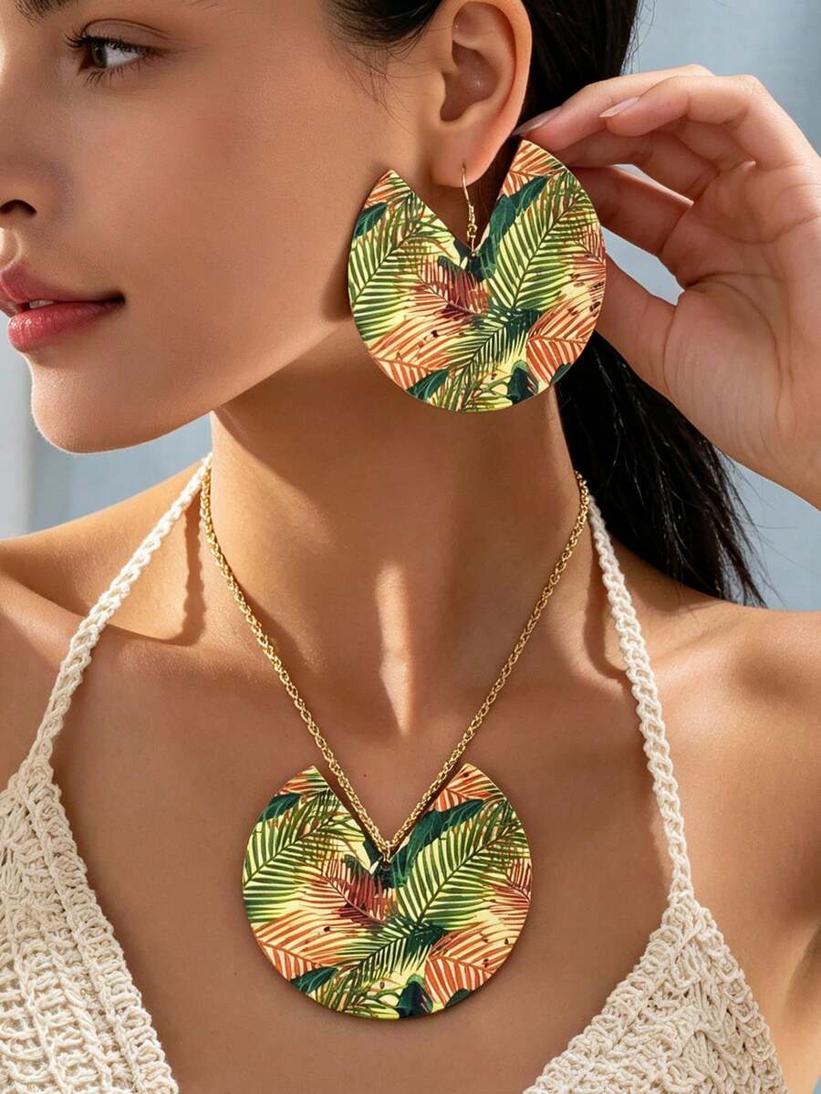 3pcs Set Exaggerated Geometric Circle Pendant Necklace & Stud Earrings Set, Fashionable For Women, Suitable For Party, Banquet And Daily Wear - Green - View 1