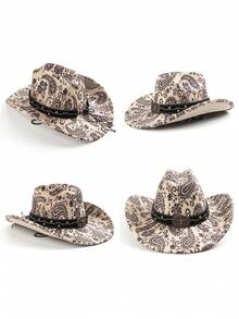 1pc Western Cowboy Hat, Paisley Pattern, Metal Decorative Band, Printed, Bohemian, Daily, Festival Wear - Top Hat - View 3