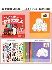 Kids Quiet Activity Sticker Kit Ages 3+ - 3D DIY Collage Craft With Animal & Vehicle Patterns | Travel Busy Toy For Fine Motor Skills - Multicolor - View 8