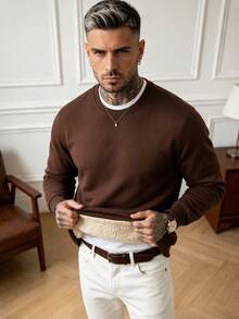 Men's Solid Color Minimalist Pullover Thermal Lined Sweatshirt, Autumn/Winter - Coffee Brown - View 2