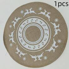 Natural Jute Round Placemats Christmas Reindeer Pattern Woven Heat Insulation Table Mats Rustic Farmhouse Dining Table Decor - Multicolor - View 10