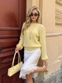 Nicenter Women's Soft Fresh Light Yellow Round Neck Lantern Long Sleeve Hollow Out Wool Blend Sweater Pullover, Suitable For Autumn/Winter Outings, Commuting, Dating And Party Wear - Yellow - View 1