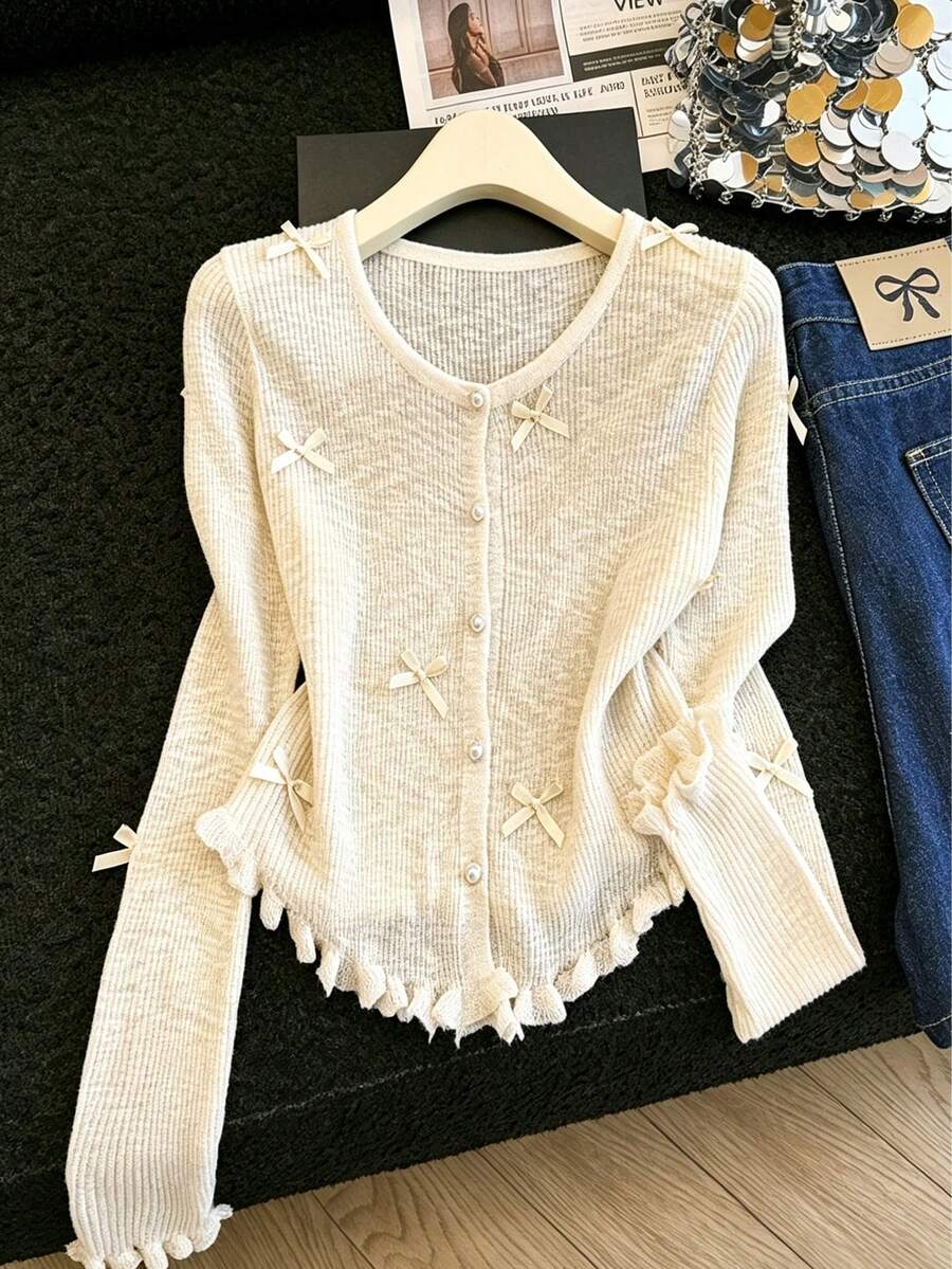 Women's Bowknot Ruffle Lightweight Knit Cardigan, French Girl Gentle Style Top - Apricot - View 1